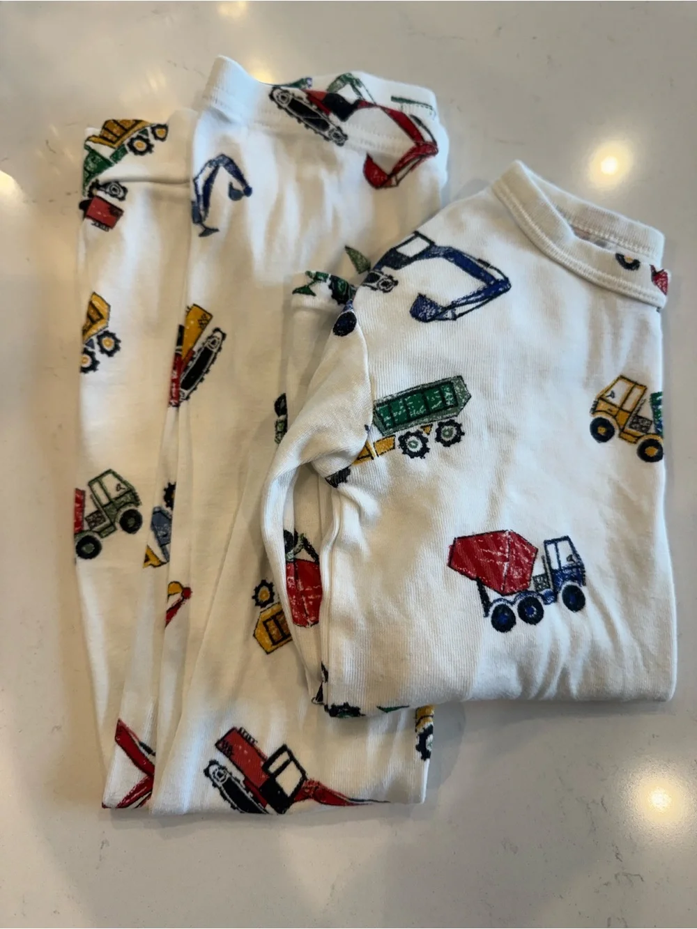 GAP White Kids Pajama Set with Red, Green, Blue, Yellow Truck Print